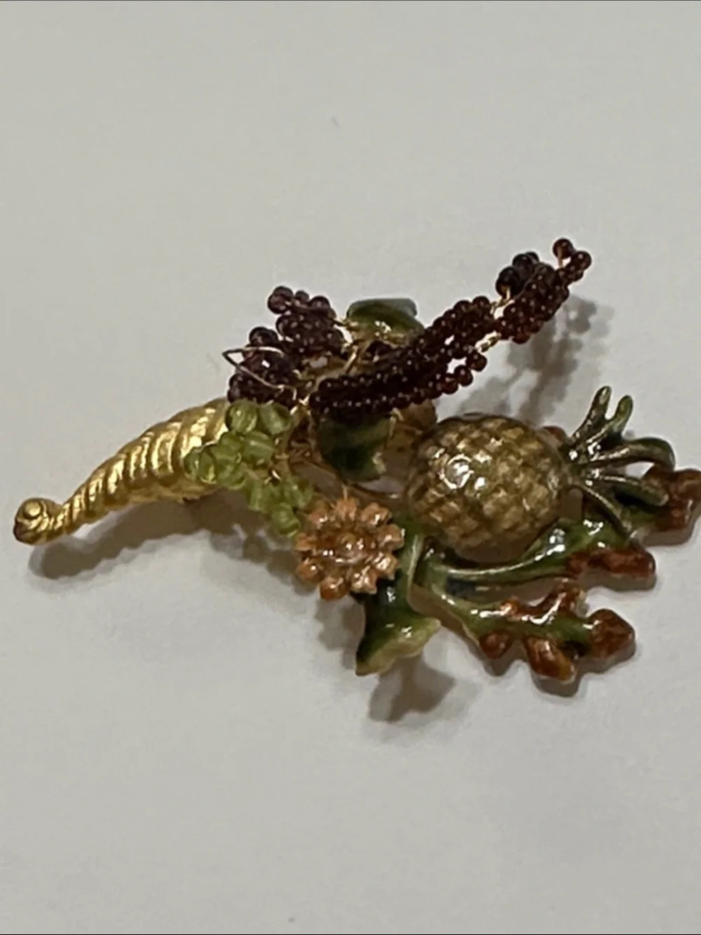 Gold/Green Decorative Pineapple Thanksgiving Cornucopia Brooch - 2 3/4” x 1 3/4”
